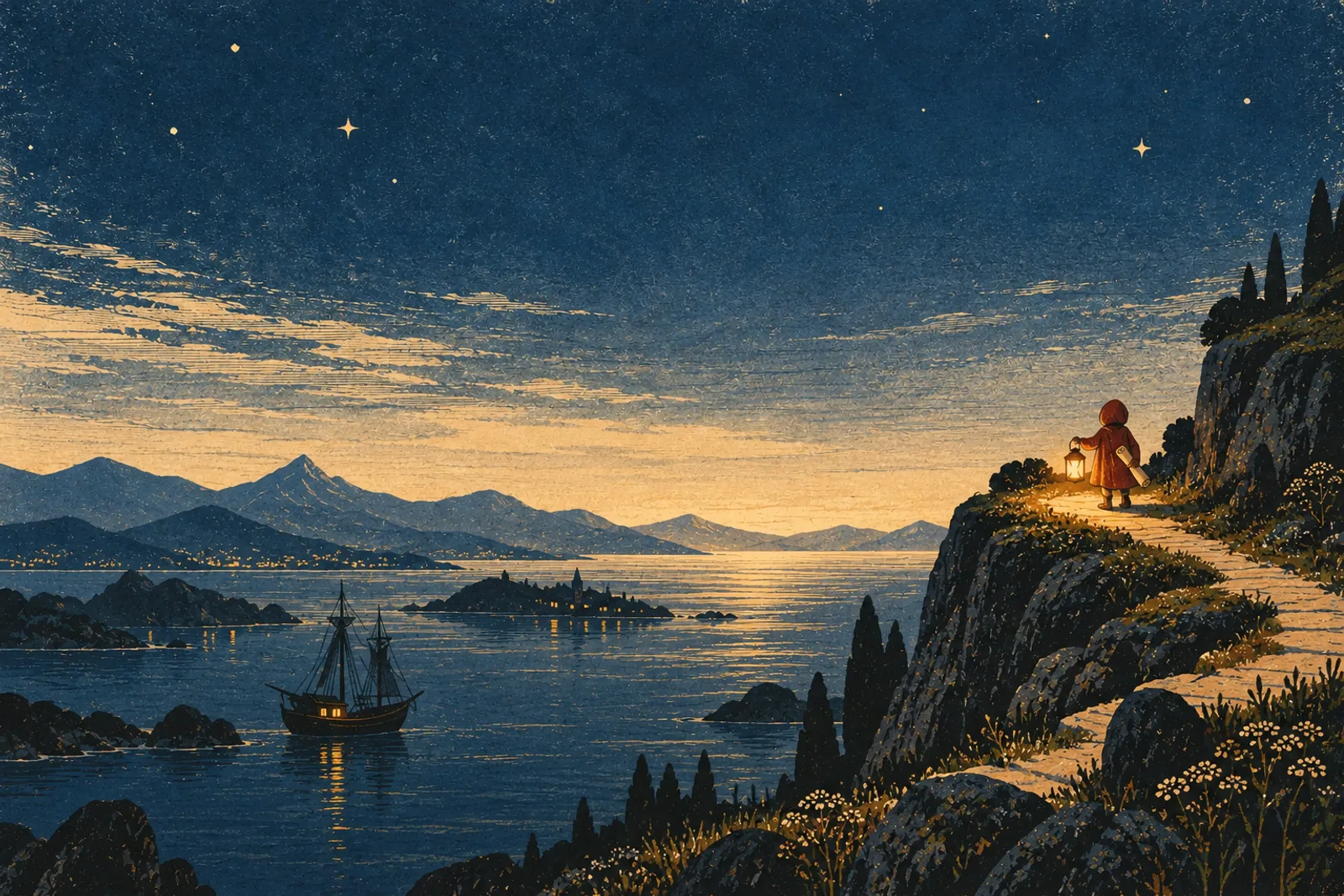 A small traveller in a red cloak with a lantern and a rolled map walks a cliff path above a night sea where a sailing ship waits in the bay
