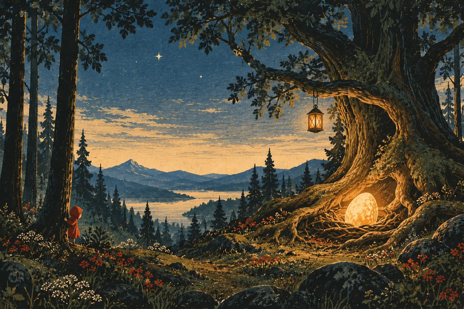 A glowing dragon egg in the roots of an old tree under a hanging lantern, watched by a small figure in a red cloak