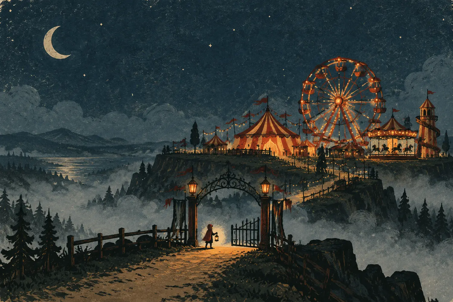 A small figure with a lantern stops at the iron gate of a carnival glowing on a foggy hill at midnight