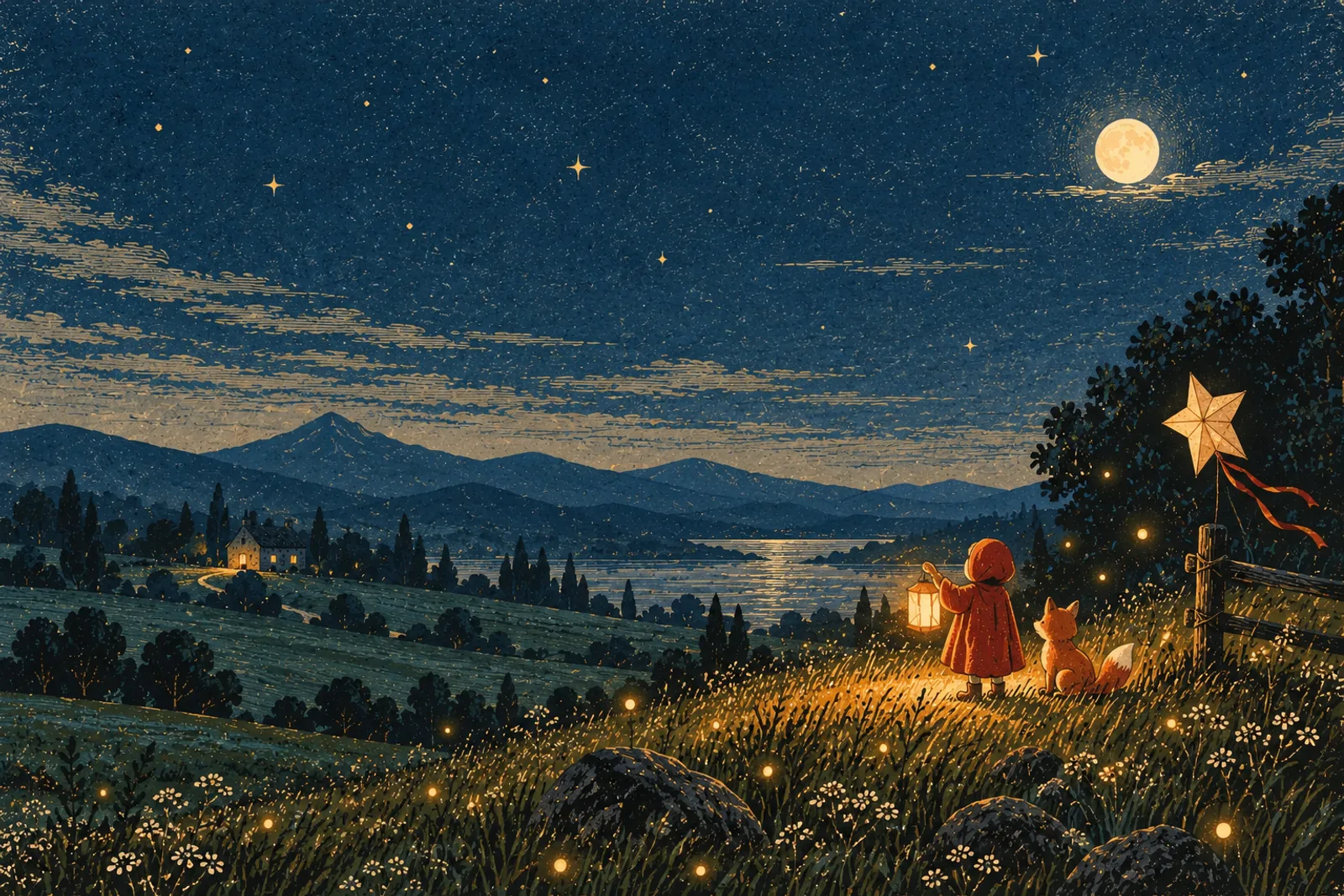 A small child in a red cloak holds a paper lantern in a moonlit meadow beside a friendly fox, with a paper star kite tied to a fence