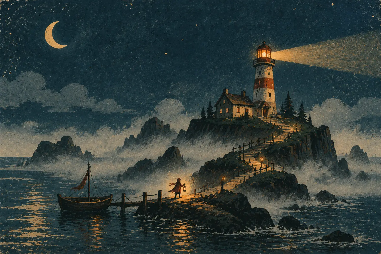 A figure with a lantern climbs the steps from a moored boat to a lighthouse on a foggy island at night
