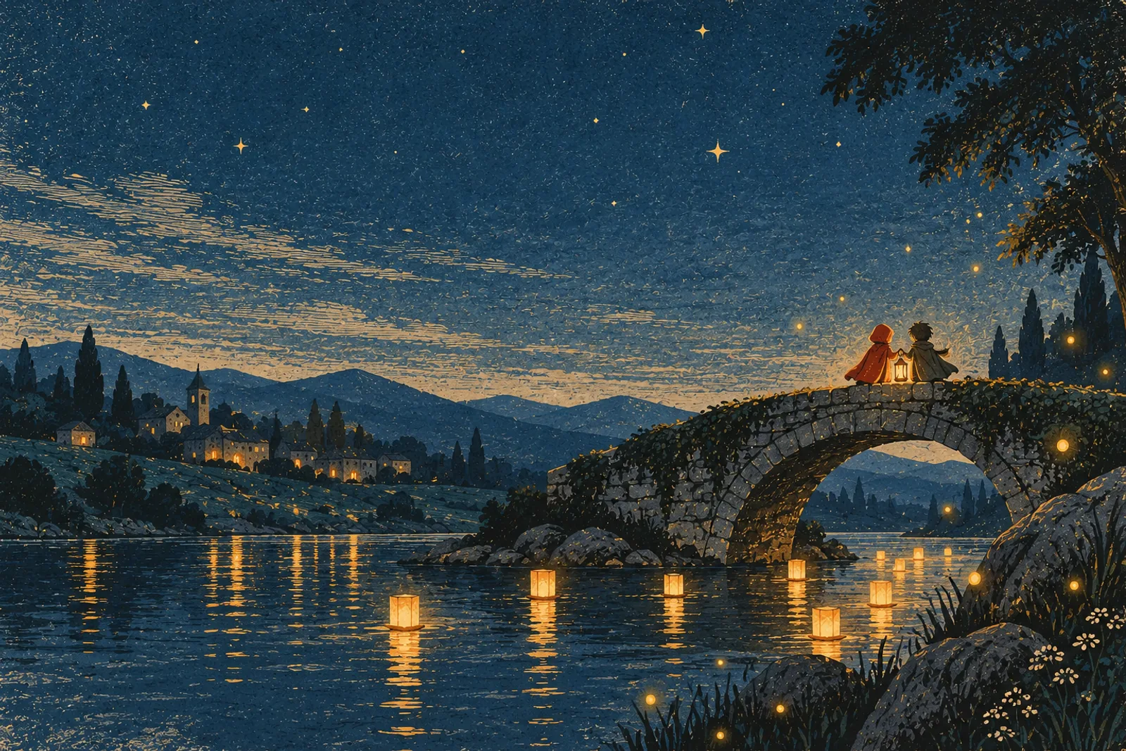 Two small figures share one lantern on an old stone bridge while paper lanterns float on the river below a sleeping village