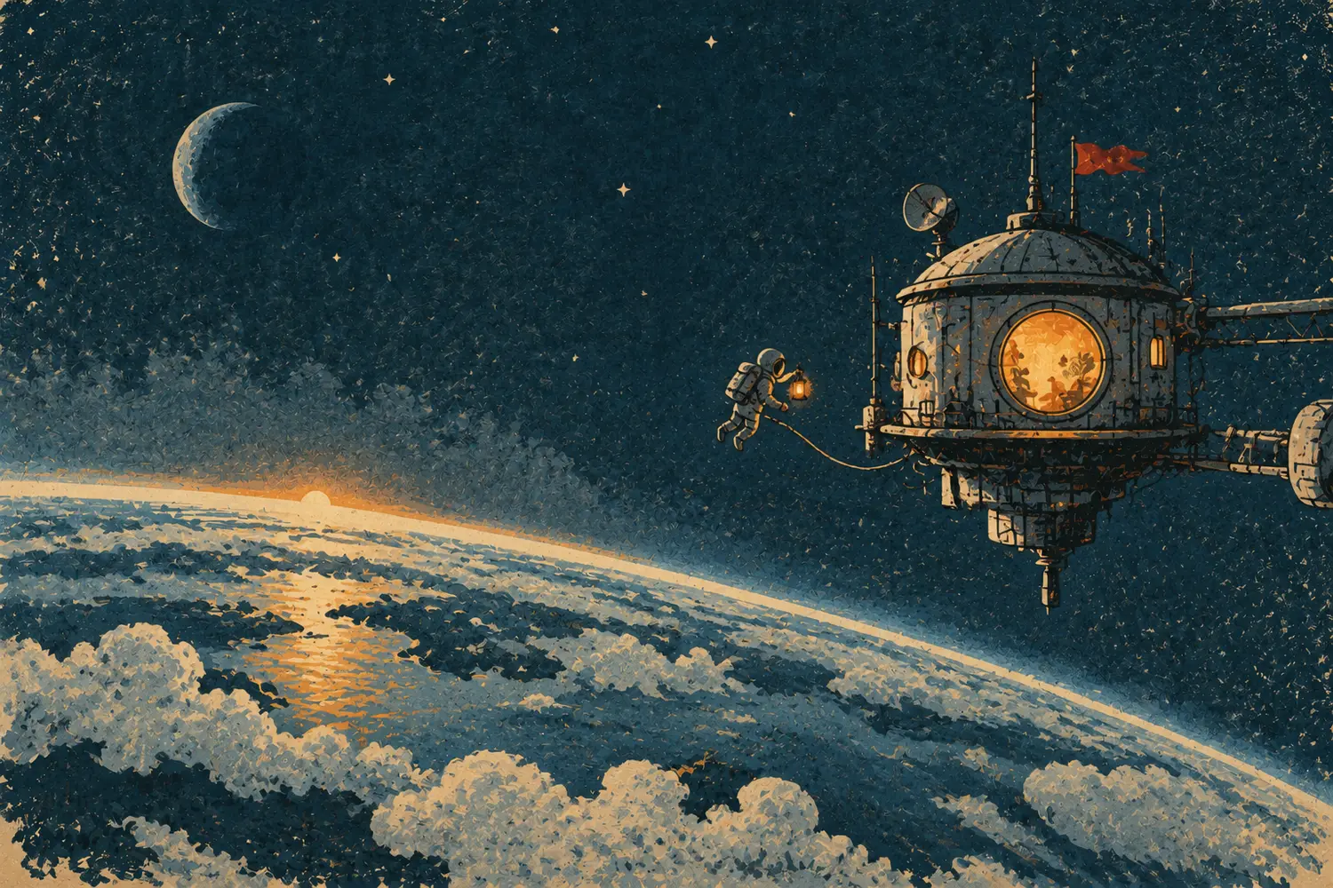 An astronaut with a lantern floats beside a small round research station above a cloudy planet at sunrise